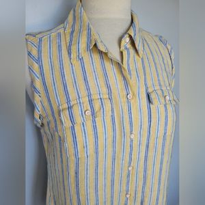 Orvis Linen Yellow & Blue Striped Sleeveless Button Down Top SZ S